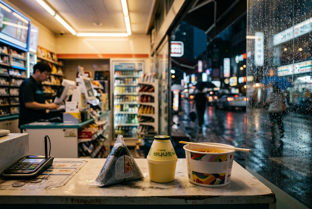 Korean convenience store counter at night with kimbap, banana milk, and ramyeon