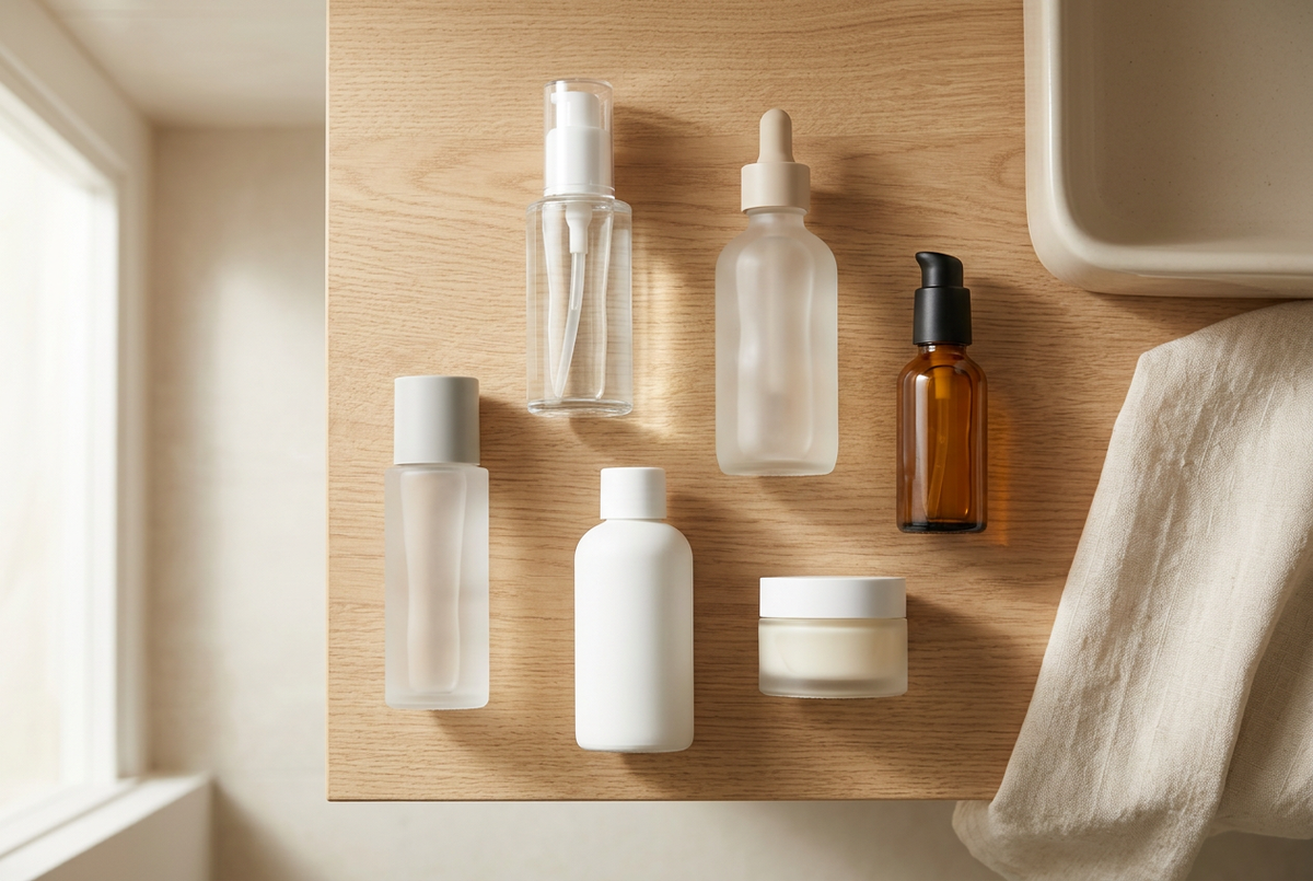 Korean skincare bottles on an oak shelf in morning light